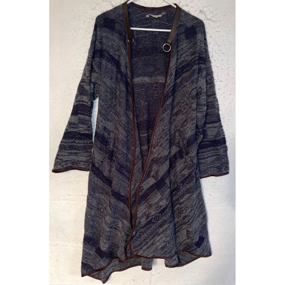Soft Surroundings Cardigan Sweater Womens L Blue Maxi Cotton Wool Open Knit Boho